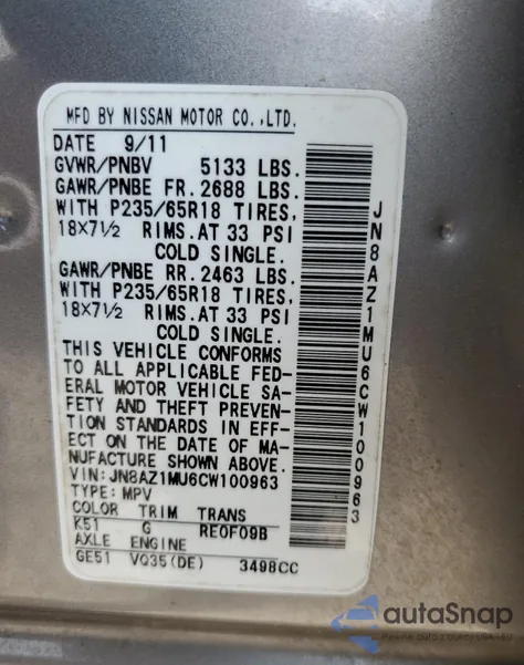 2012 Nissan Murano S из США, поврежденный, VIN JN8AZ1MU6CW100963